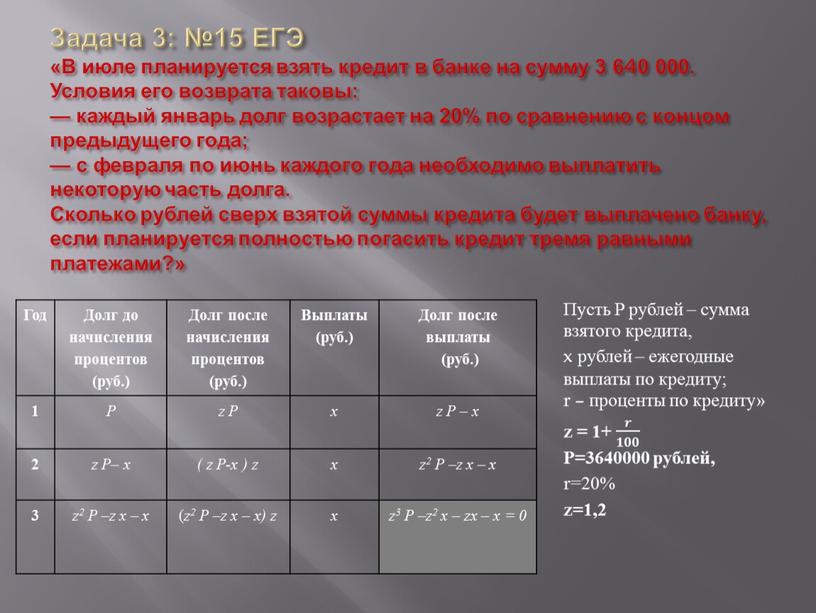 Задача 3: №15 ЕГЭ «В июле планируется взять кредит в банке на сумму 3 640 000