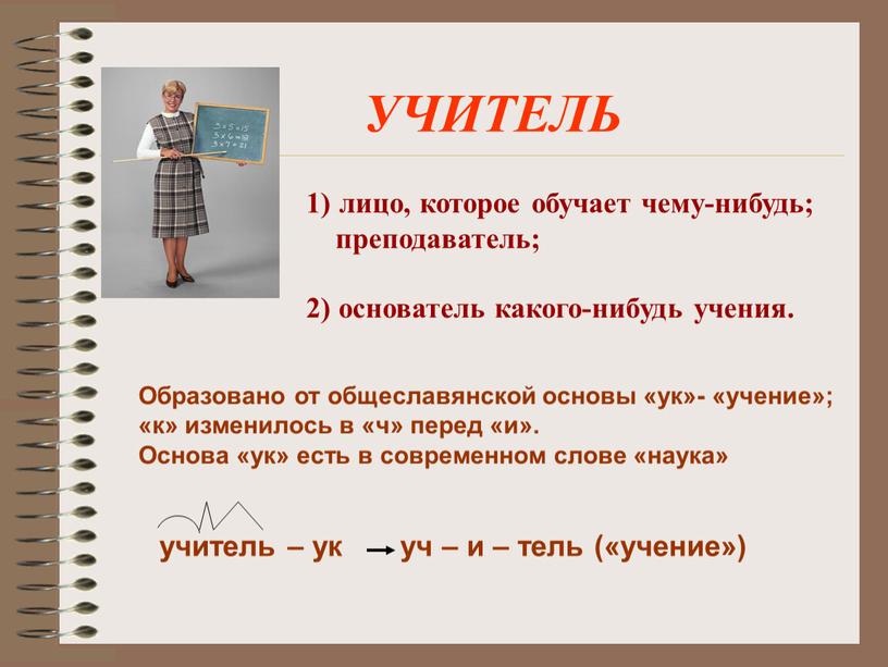 УЧИТЕЛЬ лицо, которое обучает чему-нибудь; преподаватель; 2) основатель какого-нибудь учения