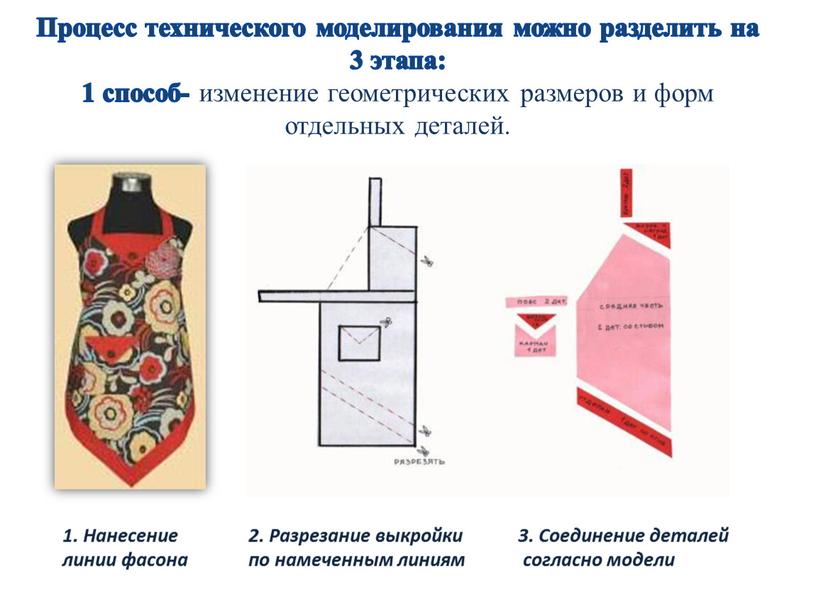 Процесс технического моделирования можно разделить на 3 этапа: 1 способ- изменение геометрических размеров и форм отдельных деталей