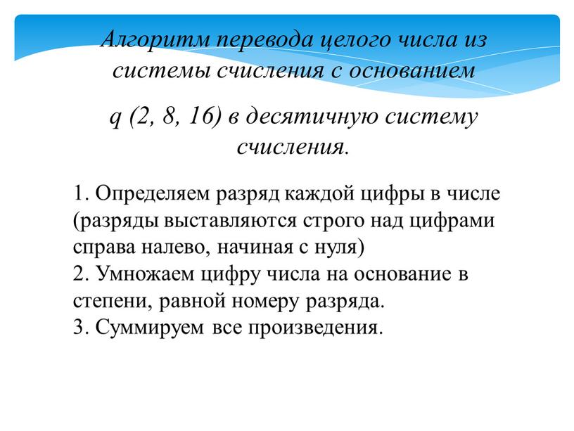 Алгоритм перевода целого числа из системы счисления с основанием q (2, 8, 16) в десятичную систему счисления