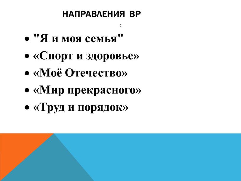 Направления ВР : "Я и моя семья" «Спорт и здоровье» «Моё