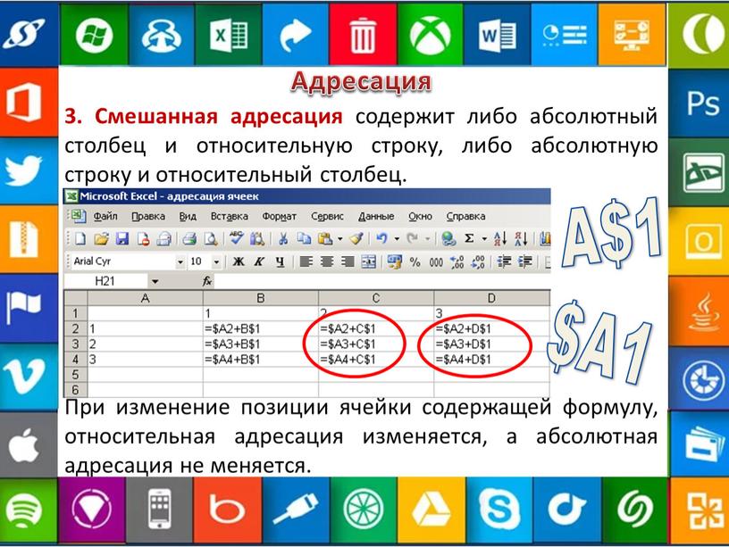 Адресация 3. Смешанная адресация содержит либо абсолютный столбец и относительную строку, либо абсолютную строку и относительный столбец