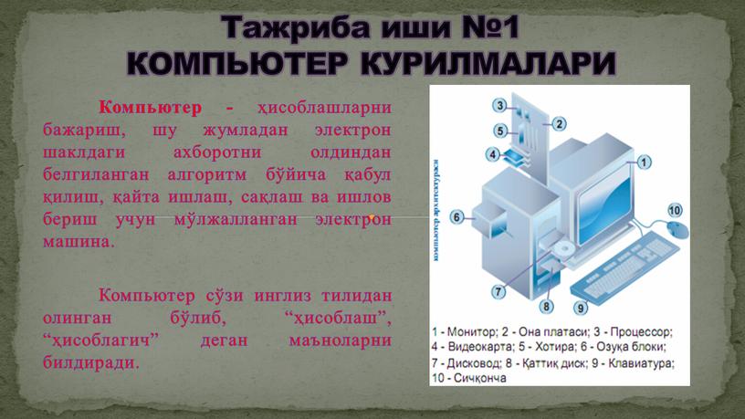 Компьютер - ҳисоблашларни бажариш, шу жумладан электрон шаклдаги ахборотни олдиндан белгиланган алгоритм бўйича қабул қилиш, қайта ишлаш, сақлаш ва ишлов бериш учун мўлжалланган электрон машина