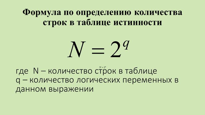 Формула по определению количества строк в таблице истинности где