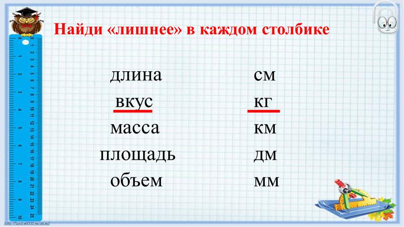 Найди «лишнее» в каждом столбике длина вкус масса площадь объем см кг км дм мм