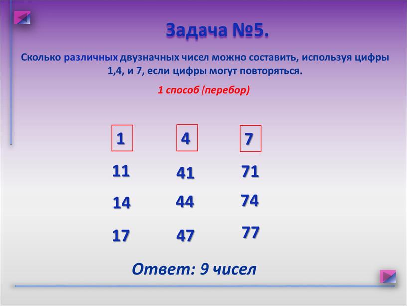 Сколько различных двузначных чисел можно составить, используя цифры 1,4, и 7, если цифры могут повторяться