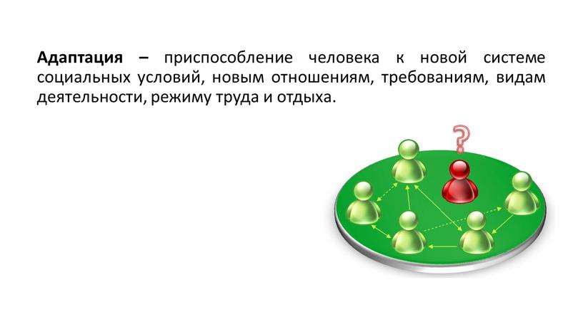 Адаптация – приспособление человека к новой системе социальных условий, новым отношениям, требованиям, видам деятельности, режиму труда и отдыха