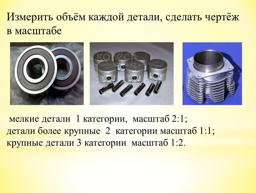 Измерить объём каждой детали, сделать чертёж в масштабе мелкие детали 1 категории, масштаб 2:1; детали более крупные 2 категории масштаб 1:1; крупные детали 3 категории…