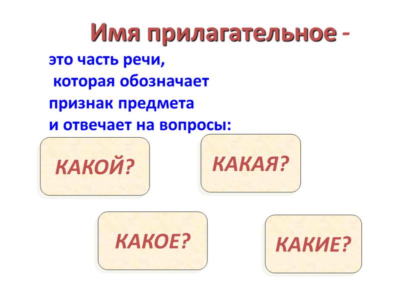 Имя прилагательное - это часть речи, которая обозначает признак предмета и отвечает на вопросы: