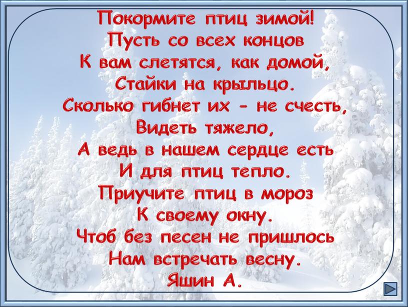 Покормите птиц зимой! Пусть со всех концов