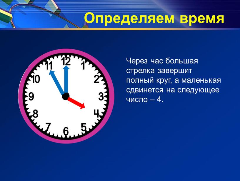 Определяем время Через час большая стрелка завершит полный круг, а маленькая сдвинется на следующее число – 4