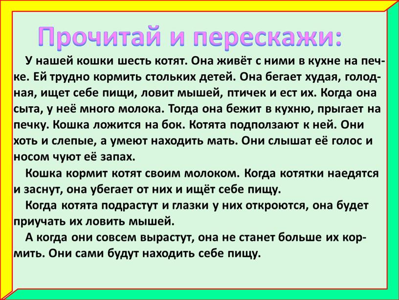 У нашей кошки шесть котят. Она живёт с ними в кухне на печ- ке