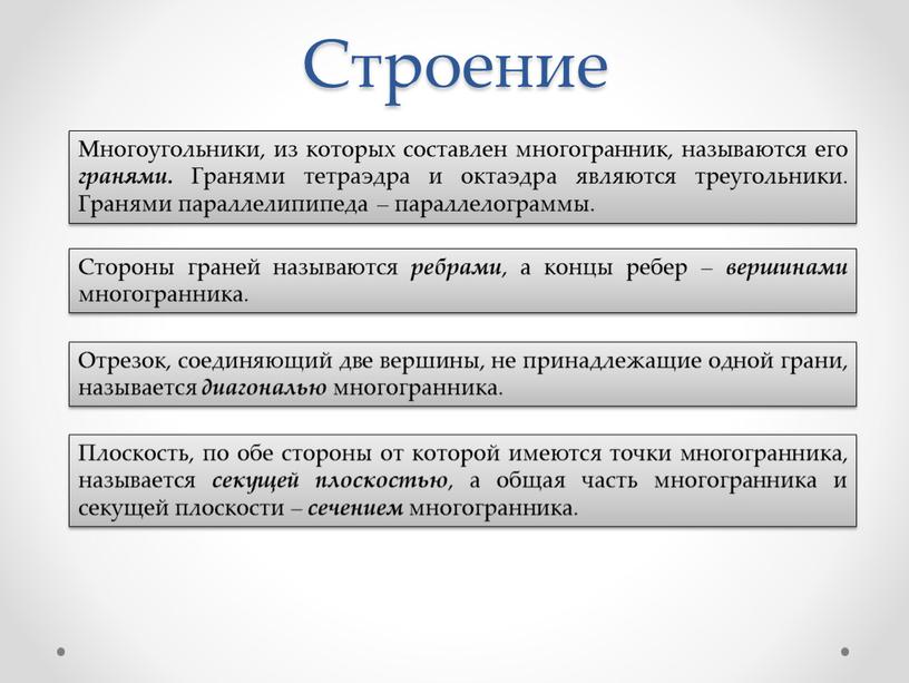 Строение Многоугольники, из которых составлен многогранник, называются его гранями