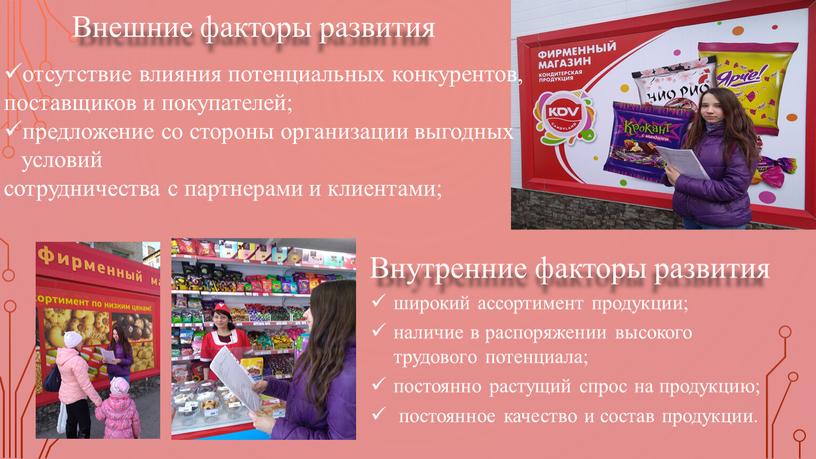 Внешние факторы развития Внутренние факторы развития широкий ассортимент продукции; наличие в распоряжении высокого трудового потенциала; постоянно растущий спрос на продукцию; постоянное качество и состав продукции