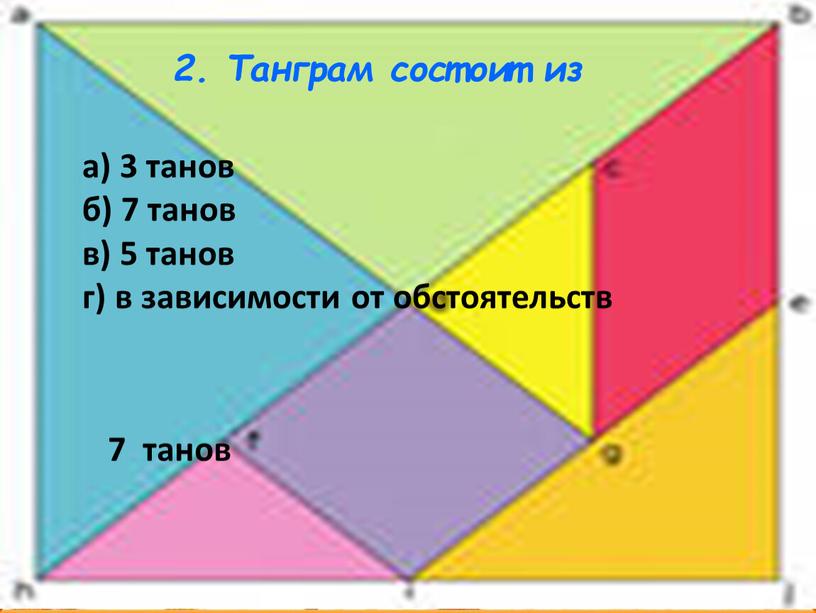 Танграм состоит из а) 3 танов б) 7 танов в) 5 танов г) в зависимости от обстоятельств 7 танов