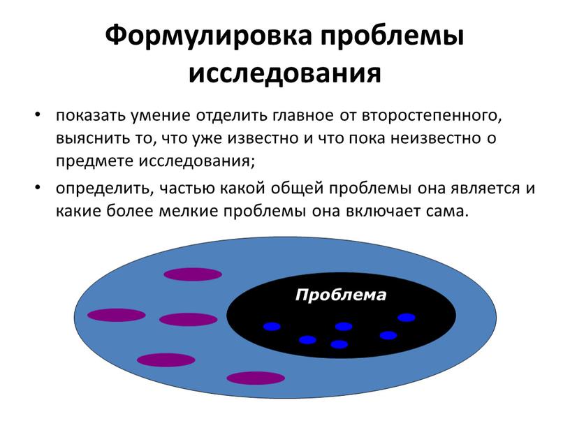 Формулировка проблемы исследования показать умение отделить главное от второстепенного, выяснить то, что уже известно и что пока неизвестно о предмете исследования; определить, частью какой общей…