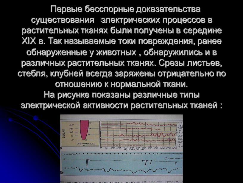 Первые бесспорные доказательства существования электрических процессов в растительных тканях были получены в середине