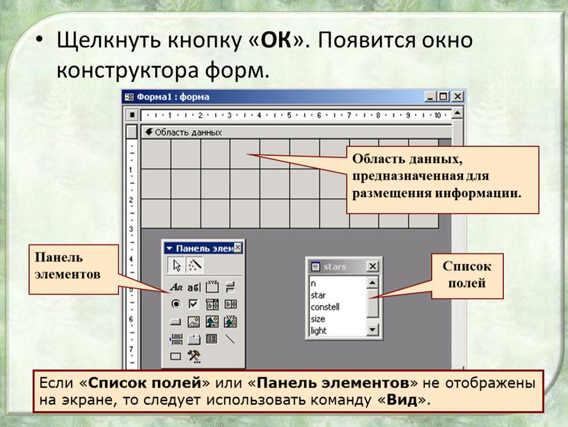 Щелкнуть кнопку « ОК ». Появится окно конструктора форм