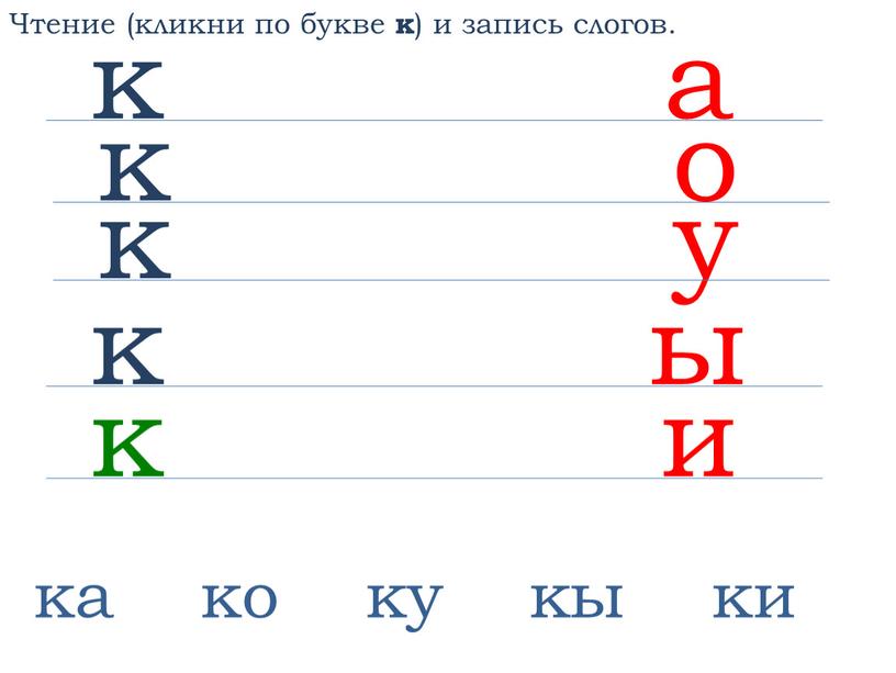 Чтение (кликни по букве к ) и запись слогов