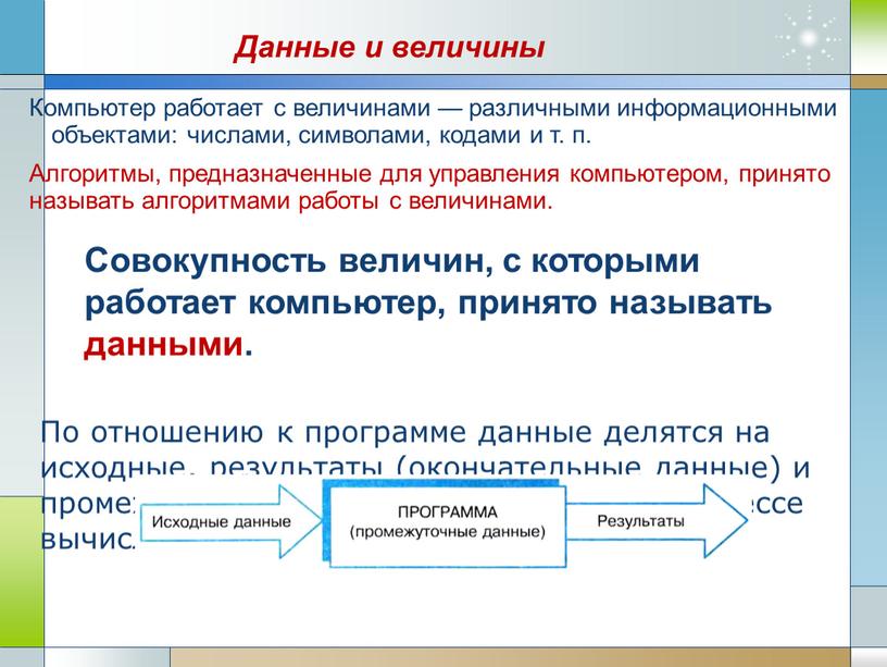 Данные и величины Совокупность величин, с которыми работает компьютер, принято называть данными