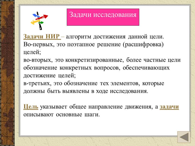 Задачи исследования Задачи НИР – алгоритм достижения данной цели