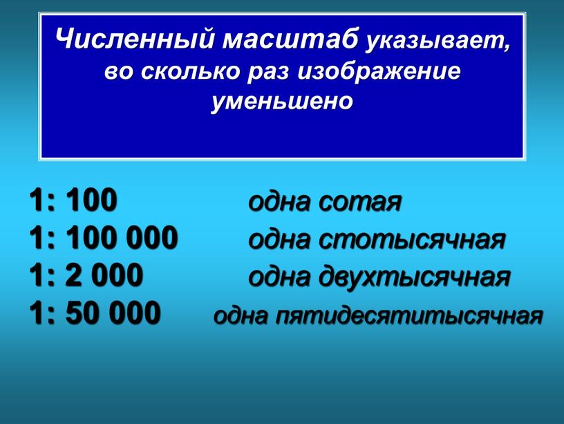 Численный масштаб указывает, во сколько раз изображение уменьшено