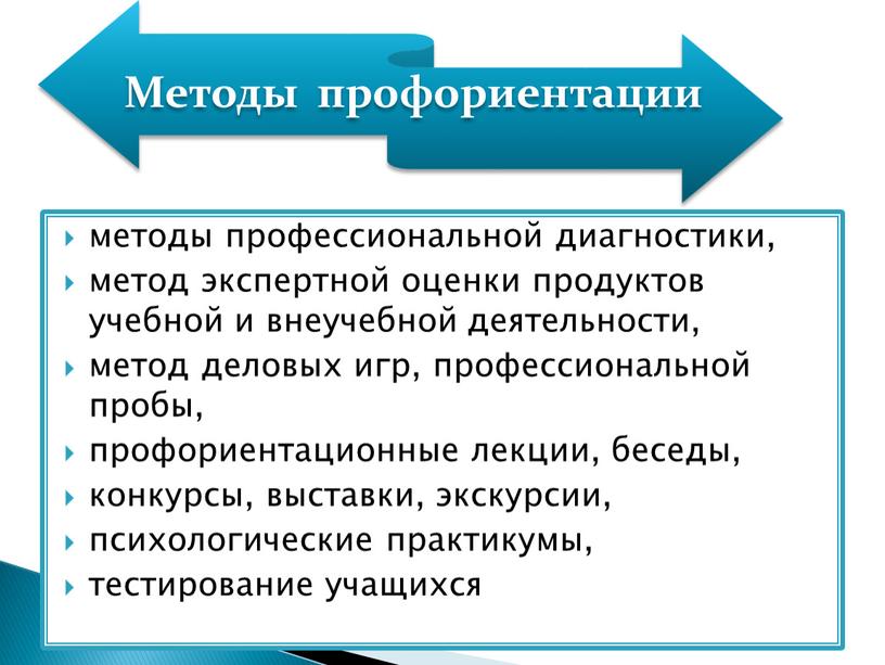 методы профессиональной диагностики, метод экспертной оценки продуктов учебной и внеучебной деятельности, метод деловых игр, профессиональной пробы, профориентационные лекции, беседы, конкурсы, выставки, экскурсии, психологические практикумы, тестирование…