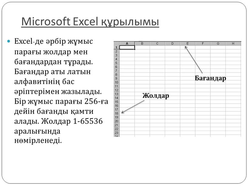 Microsoft Excel құрылымы Excel-де әрбір жұмыс парағы жолдар мен бағандардан тұрады