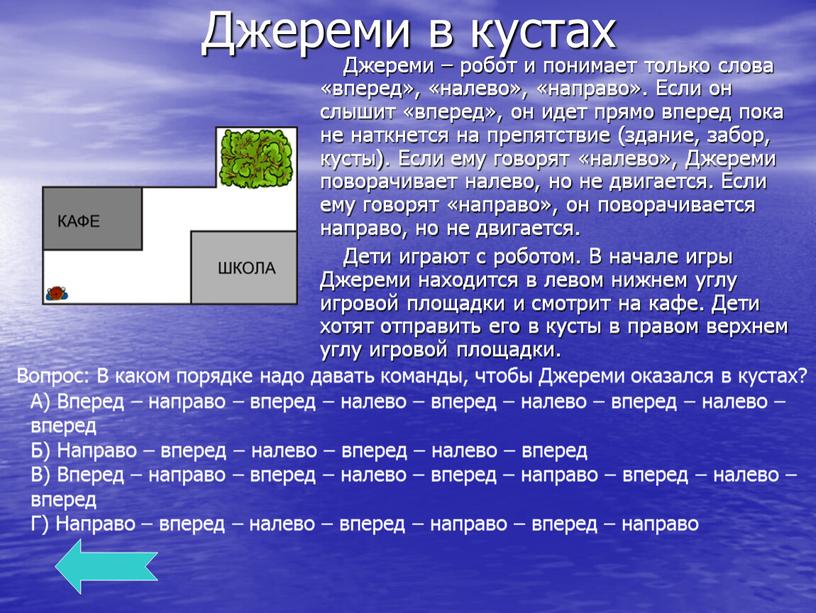 Джереми в кустах Джереми – робот и понимает только слова «вперед», «налево», «направо»