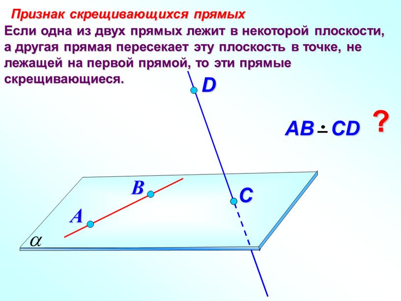 Если одна из двух прямых лежит в некоторой плоскости, а другая прямая пересекает эту плоскость в точке, не лежащей на первой прямой, то эти прямые…