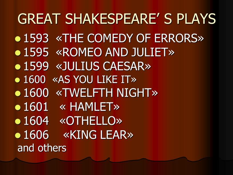 GREAT SHAKESPEARE’ S PLAYS 1593 «THE