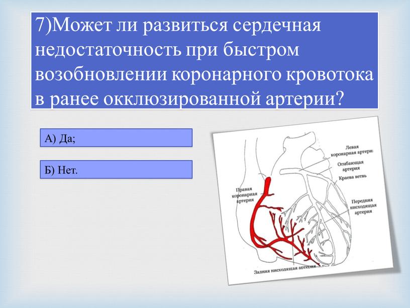 Может ли развиться сердечная недостаточность при быстром возобновлении коронарного кровотока в ранее окклюзированной артерии?