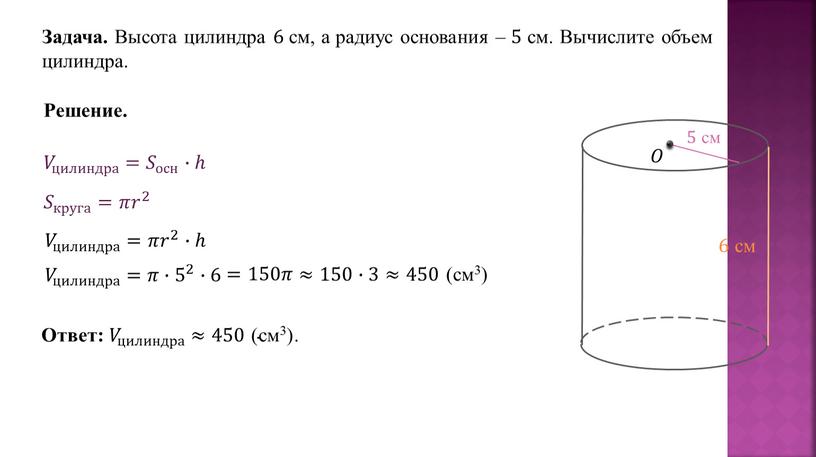 Задача. Высота цилиндра 6 см, а радиус основания – 5 см