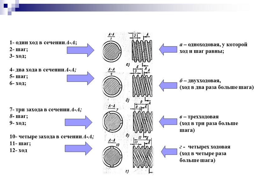 А-А ; 2- шаг; 3- ход; 4- два хода в сечении