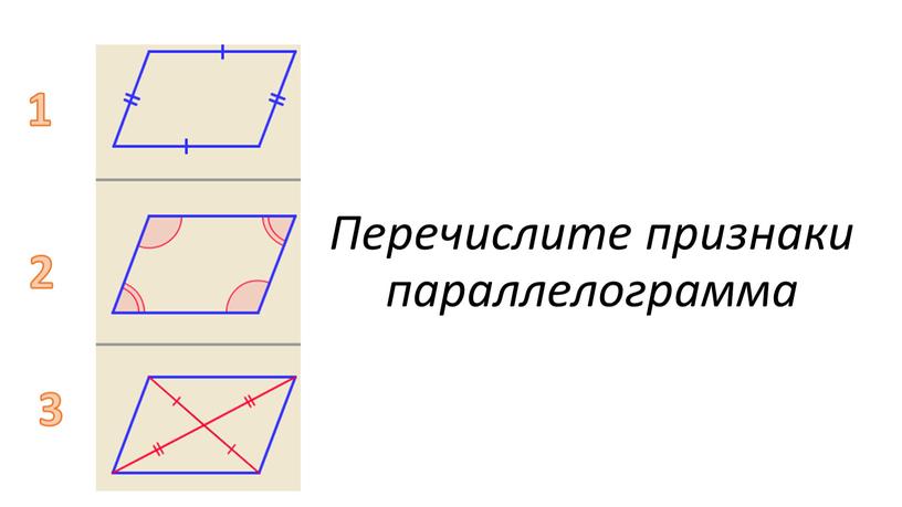 Перечислите признаки параллелограмма 1 2 3