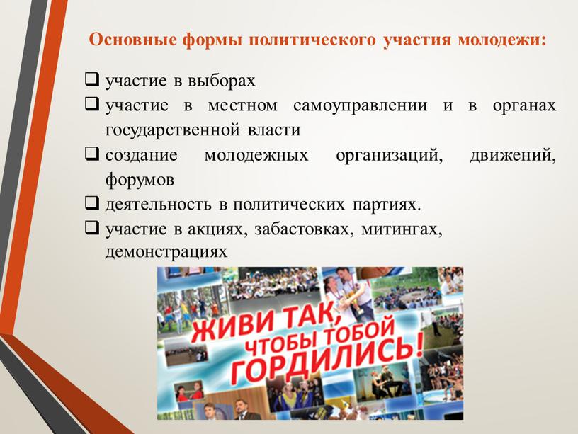 Основные формы политического участия молодежи: участие в выборах участие в местном самоуправлении и в органах государственной власти создание молодежных организаций, движений, форумов деятельность в политических…