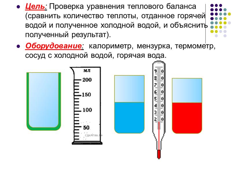 Цель : Проверка уравнения теплового баланса (сравнить количество теплоты, отданное горячей водой и полученное холодной водой, и объяснить полученный результат)