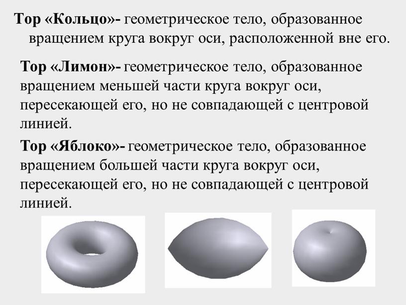 Тор «Кольцо»- геометрическое тело, образованное вращением круга вокруг оси, расположенной вне его