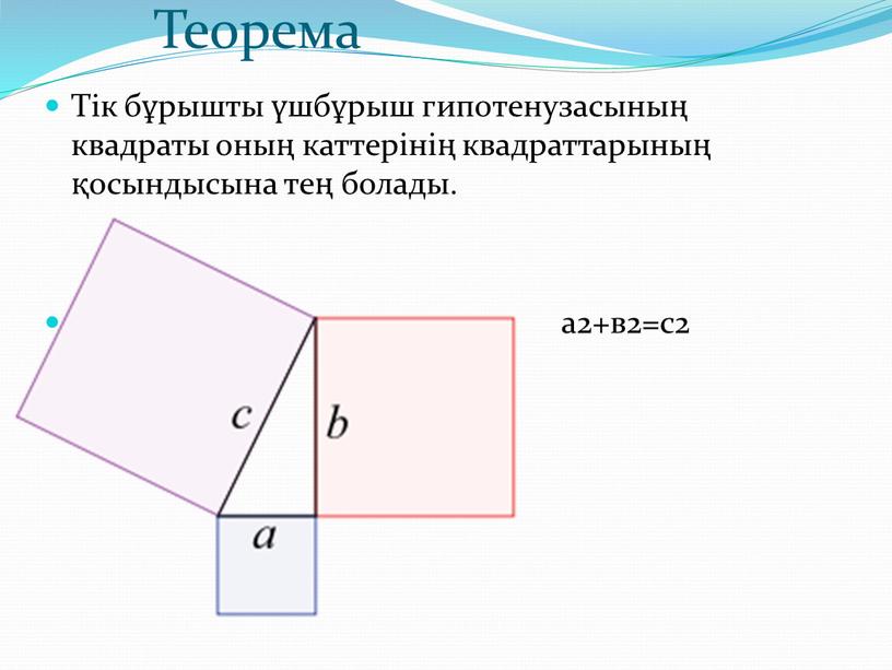 Теорема Тік бұрышты үшбұрыш гипотенузасының квадраты оның каттерінің квадраттарының қосындысына тең болады