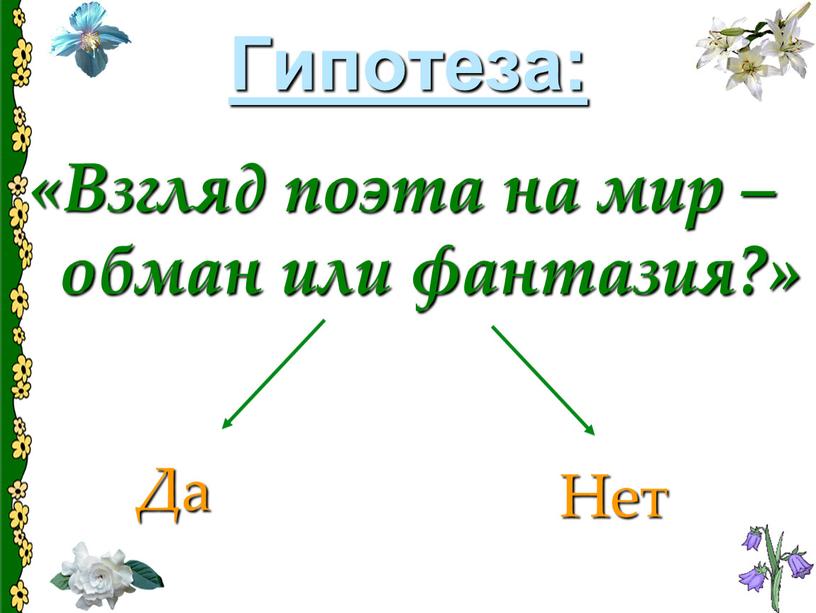 Гипотеза: Да Нет «Взгляд поэта на мир –обман или фантазия?»