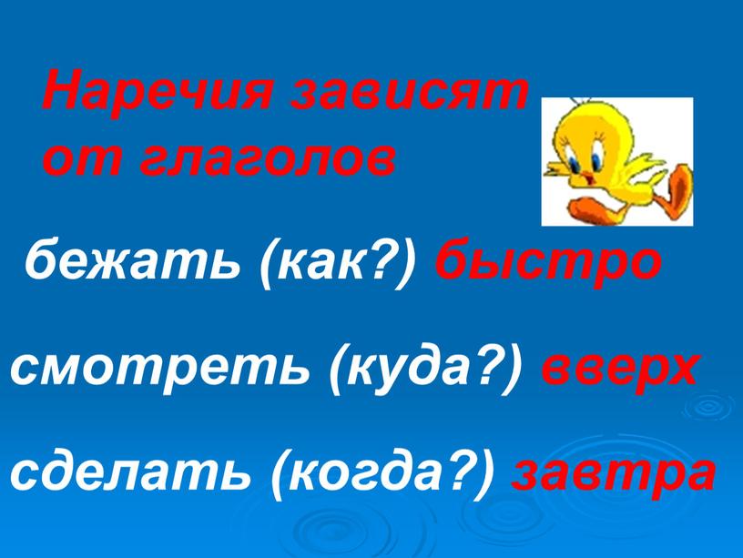 Наречия зависят от глаголов бежать (как?) быстро смотреть (куда?) вверх сделать (когда?) завтра