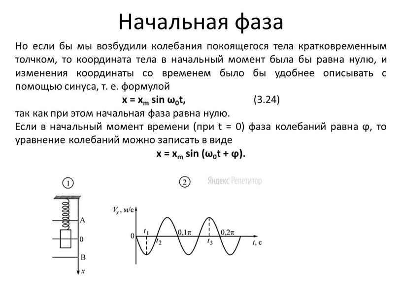 Начальная фаза Но если бы мы возбудили колебания покоящегося тела кратковременным толчком, то координата тела в начальный момент была бы равна нулю, и изменения координаты…