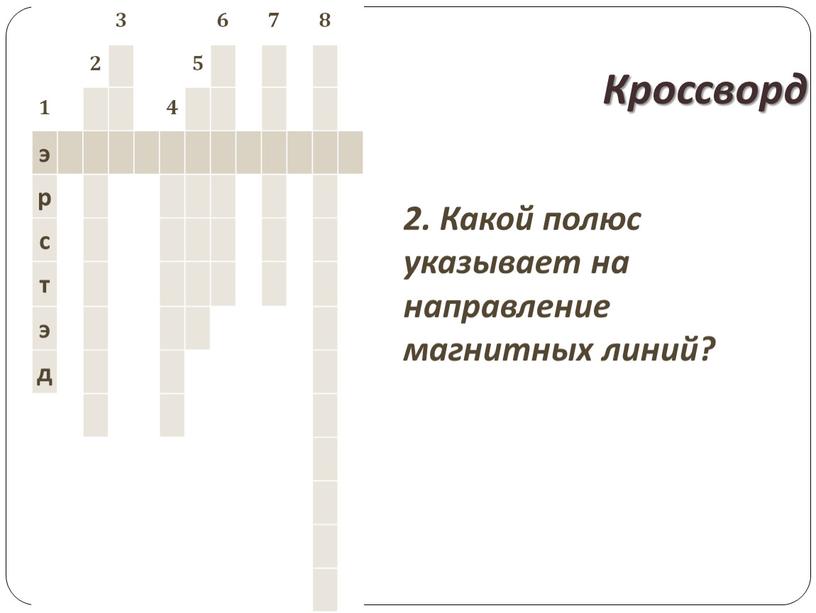 Кроссворд 2. Какой полюс указывает на направление магнитных линий? 3 6 7 8 2 5 1 4 э р с т э д