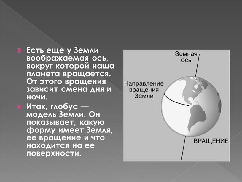 Есть еще у Земли воображаемая ось, вокруг которой наша планета вращается