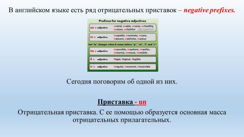 В английском языке есть ряд отрицательных приставок – negative prefixes