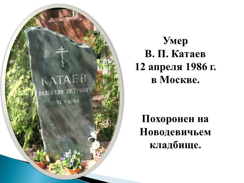 Умер В. П. Катаев 12 апреля 1986 г