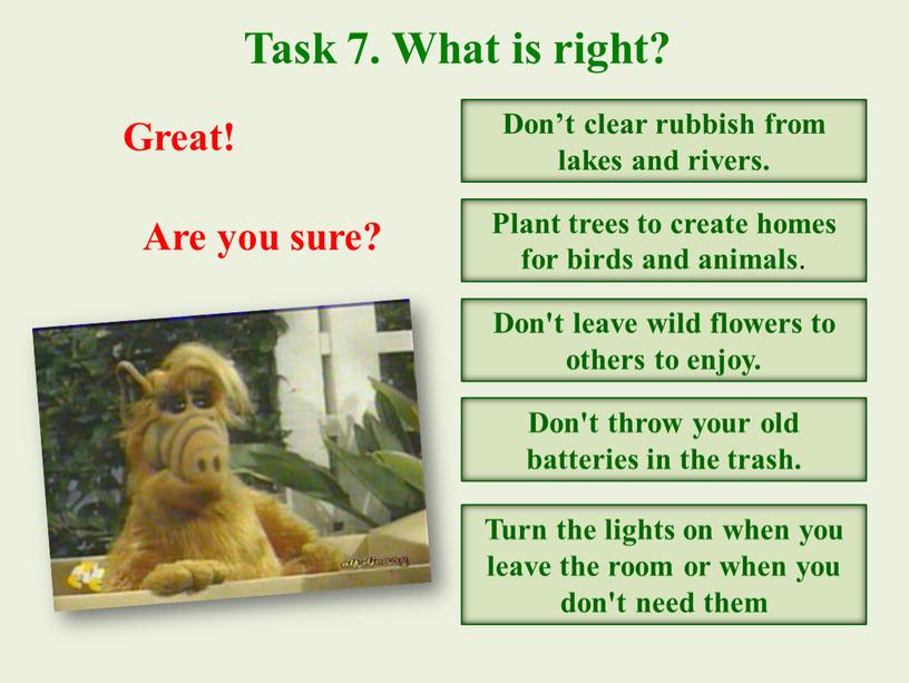 Task 7. What is right? Don’t clear rubbish from lakes and rivers