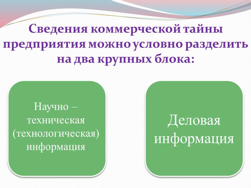 Сведения коммерческой тайны предприятия можно условно разделить на два крупных блока: