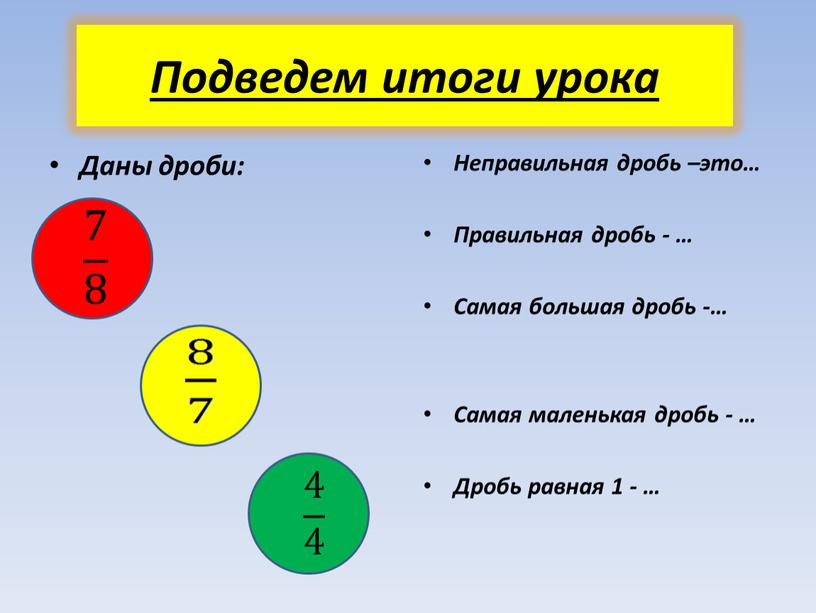 Подведем итоги урока Даны дроби: