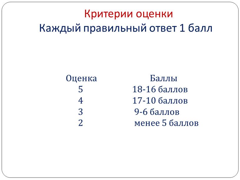 Критерии оценки Каждый правильный ответ 1 балл